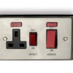 Cooker switch 2 gang w/socket  45A Satin Silver w/black